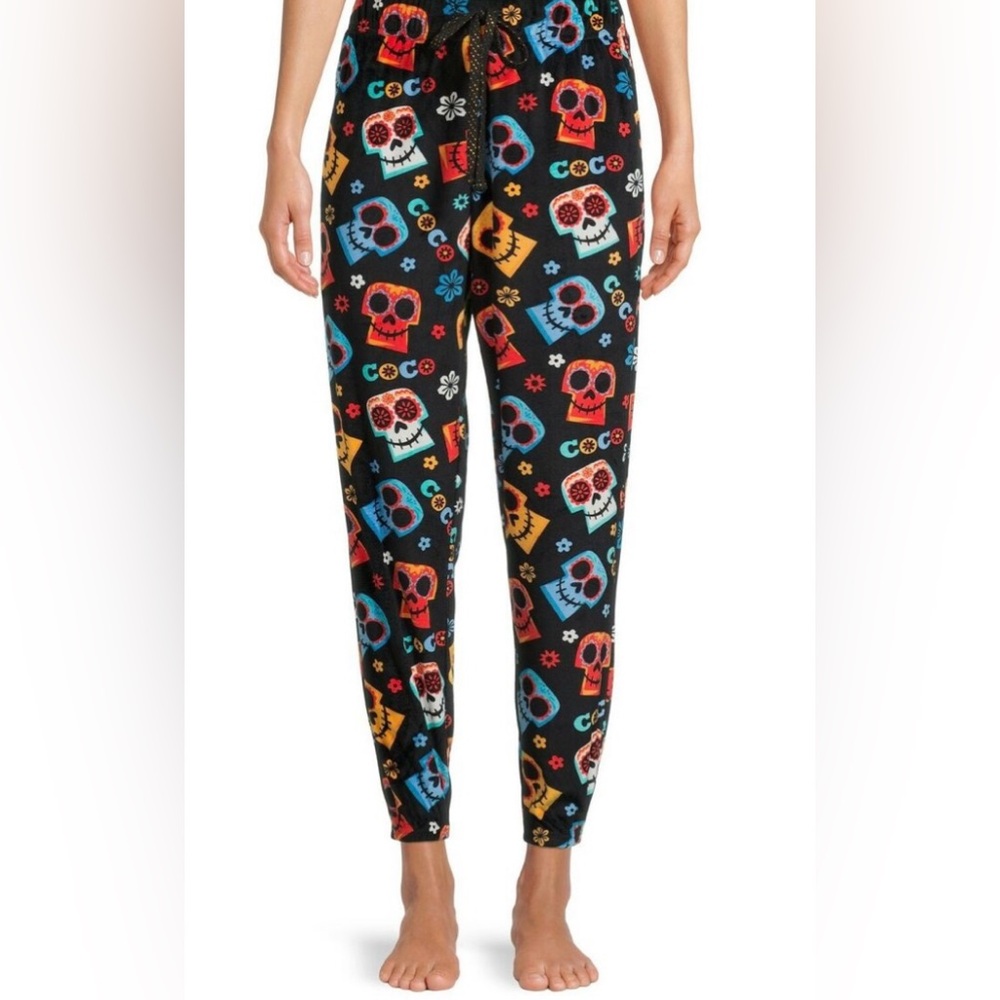 Disney Pixar Coco theme velour pajama pants. Black w/colorful skulls. Size Large - Picture 10 of 10